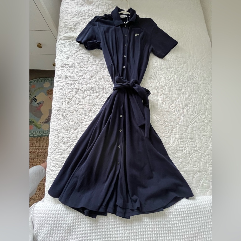 Lacoste Navy Button-Front Tie-Waist Midi Dress